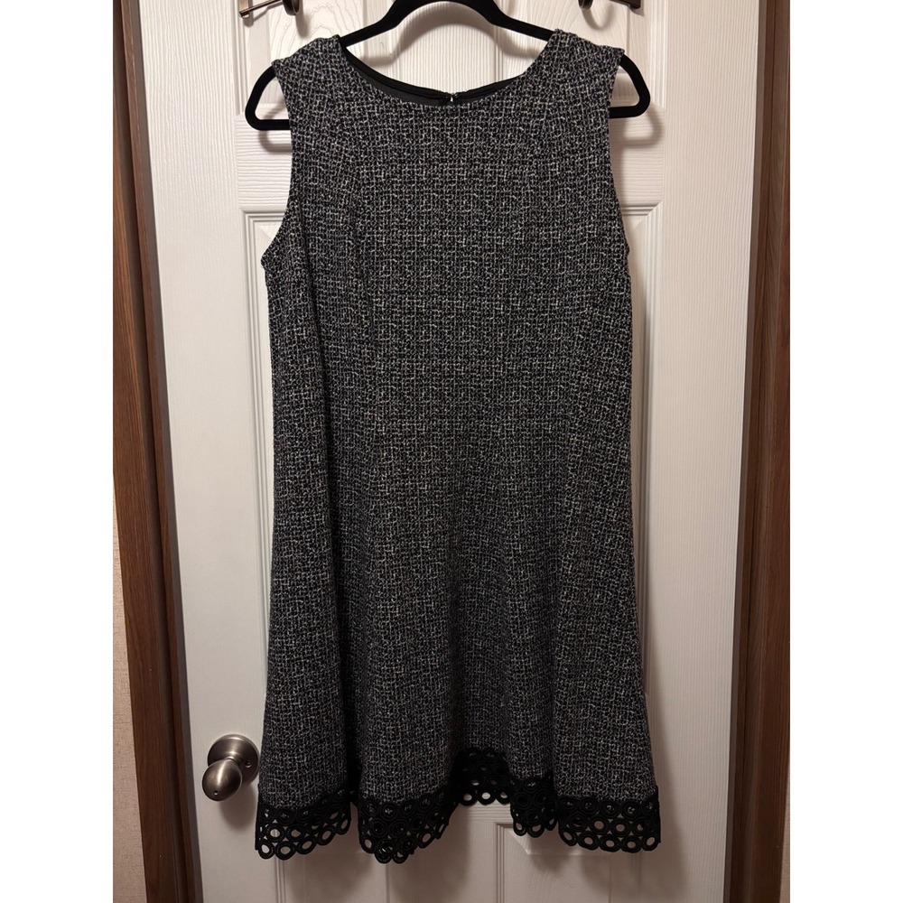Roz & Ali Womens Petite 14 Black White Tweed Eyelet Lace Hem Shift Dress 792PDB